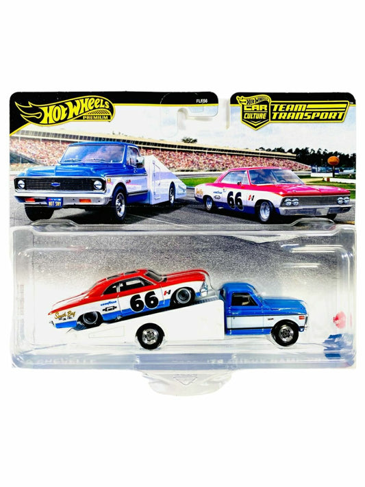 Hotwheels 66 Chevelle and 72 Chevy ramp truck team transport imported collection 1:64 scale