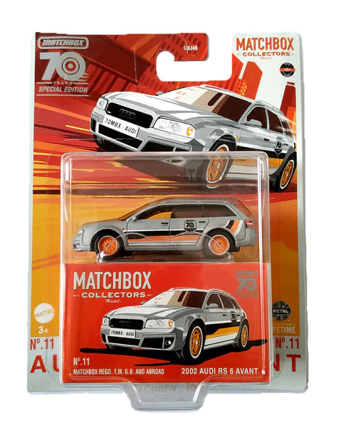 EXCLUSIVES Matchbox Collectors 70 Years Special Edition 2002 Audi RS 6 Avant - Grey / Orange - 2022 Card