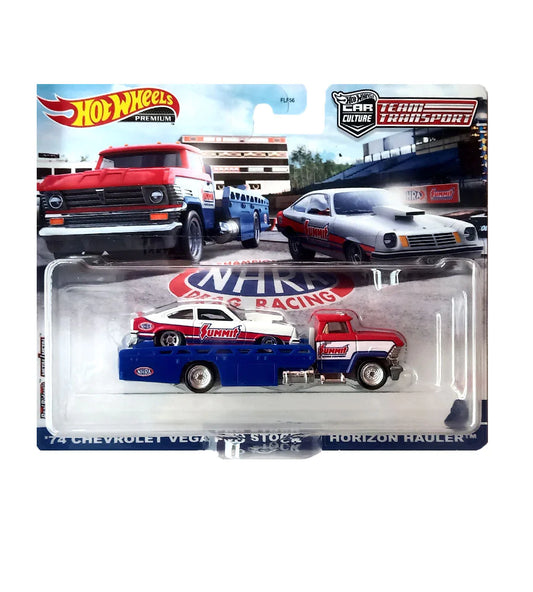 Hot Wheels Premium Team Transport '74 Chevrolet Vega Pro Stock & Horizon Hauler - Blue / Red / White - 2020 Card,1:64,imported