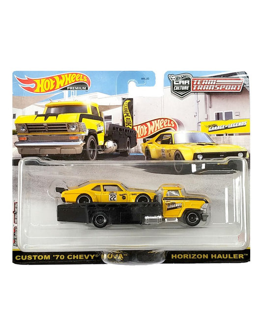 Hot Wheels Premium Team Transport Garage of Legends Custom '70 Chevy Nova and Horizon Hauler - Yellow / Black ,1:64 imported