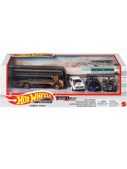 HotWheels Track Day Diorama Euro Hauler- 84 Audi Sport Quattro- Lamborghini Essenza SCV12- Sauber Mercedes C9