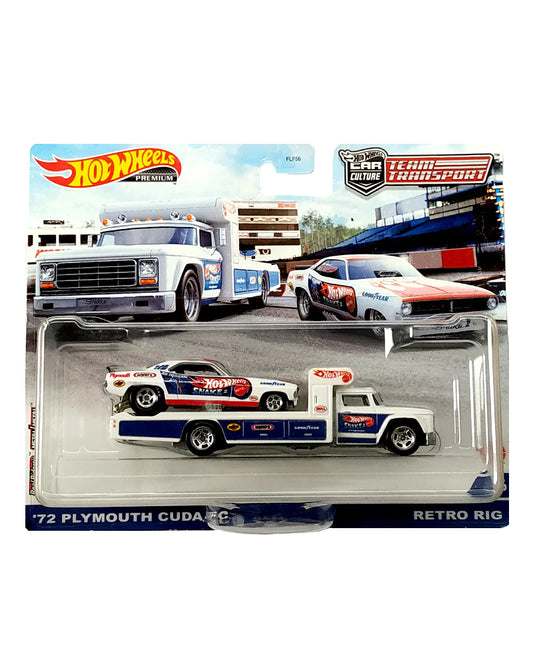 EXCLUSIVES HotWheels Team Transport '72 Plymouth Cuda FC & Retro Rig