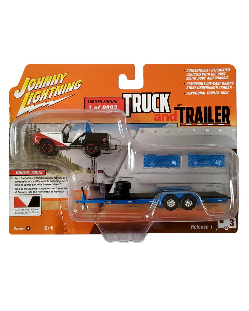 Johnny LightningTruck And Trailer 1966 Ford Bronco with Open Car Trailer