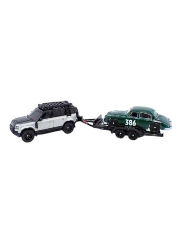 Hotwheels jaguar mk1 & 2023 land rover defender 110 imported team transport 1:64 scale (blister damage car mint condition)