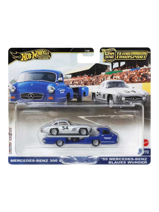 Hotwheels Mercedes Benz 300 sl & '55 Mercedes Benz blaues wunder premium imported team transport 1:64 scale