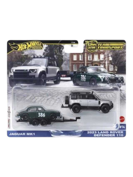 Hotwheels jaguar mk1 & 2023 land rover defender 110 imported team transport 1:64 scale