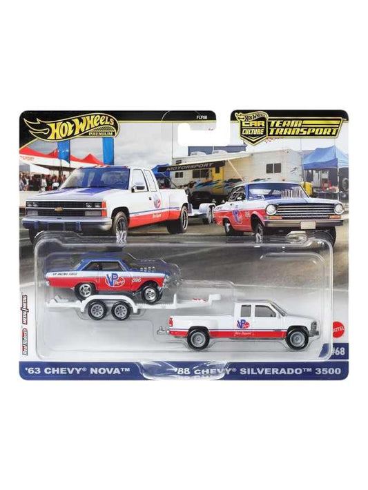 Hotwheels 63 Chevy Nova & 88 Chevy silverado imported team transport 1:64 scale (blister damage car mint condition)